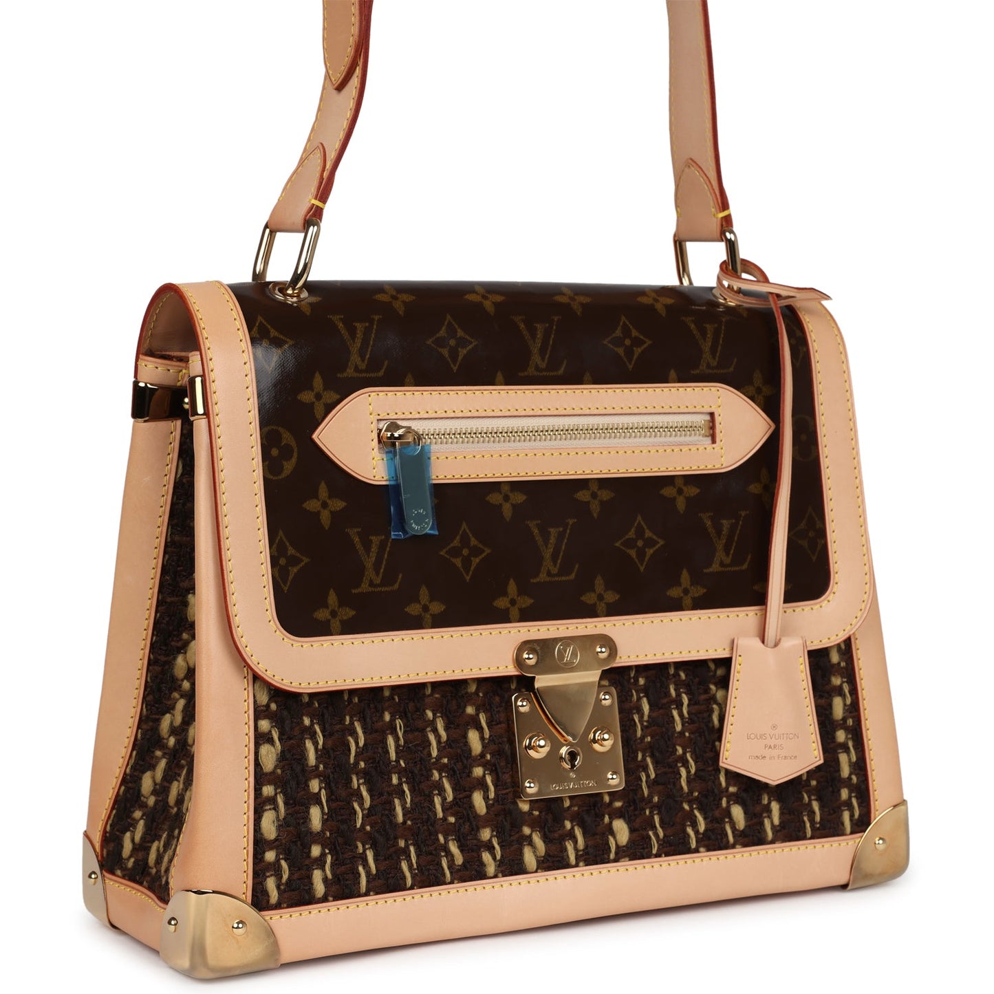 Vintage Louis Vuitton Tweedy Zip GM Brown Monogram Vinyl and Tweed Gold Hardware