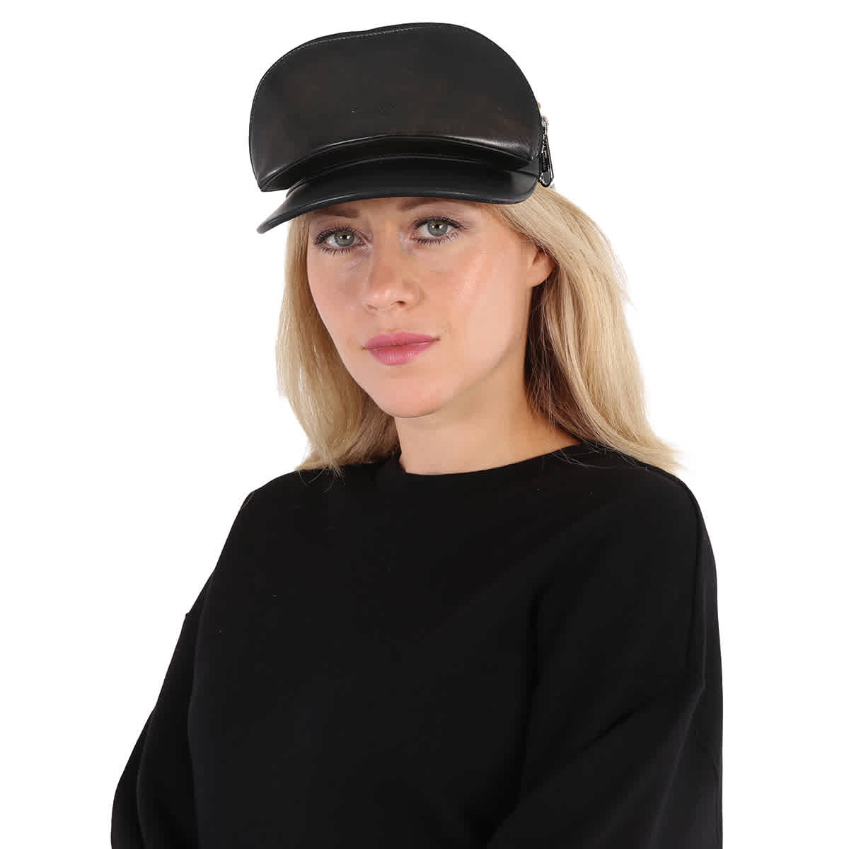 Burberry Black Leather Zip-Pocket Visor