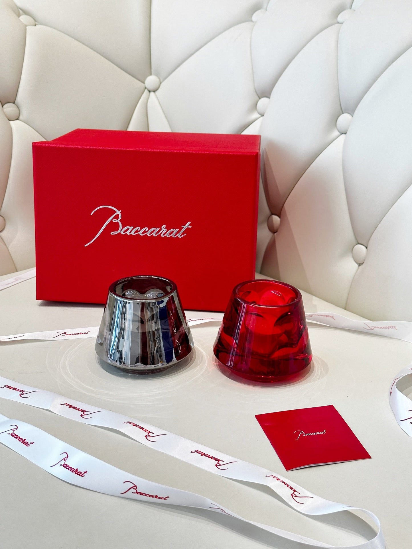 Baccarat Harcourt Flame of Passion Mini Candle Holder Set - Red & Silver Edition