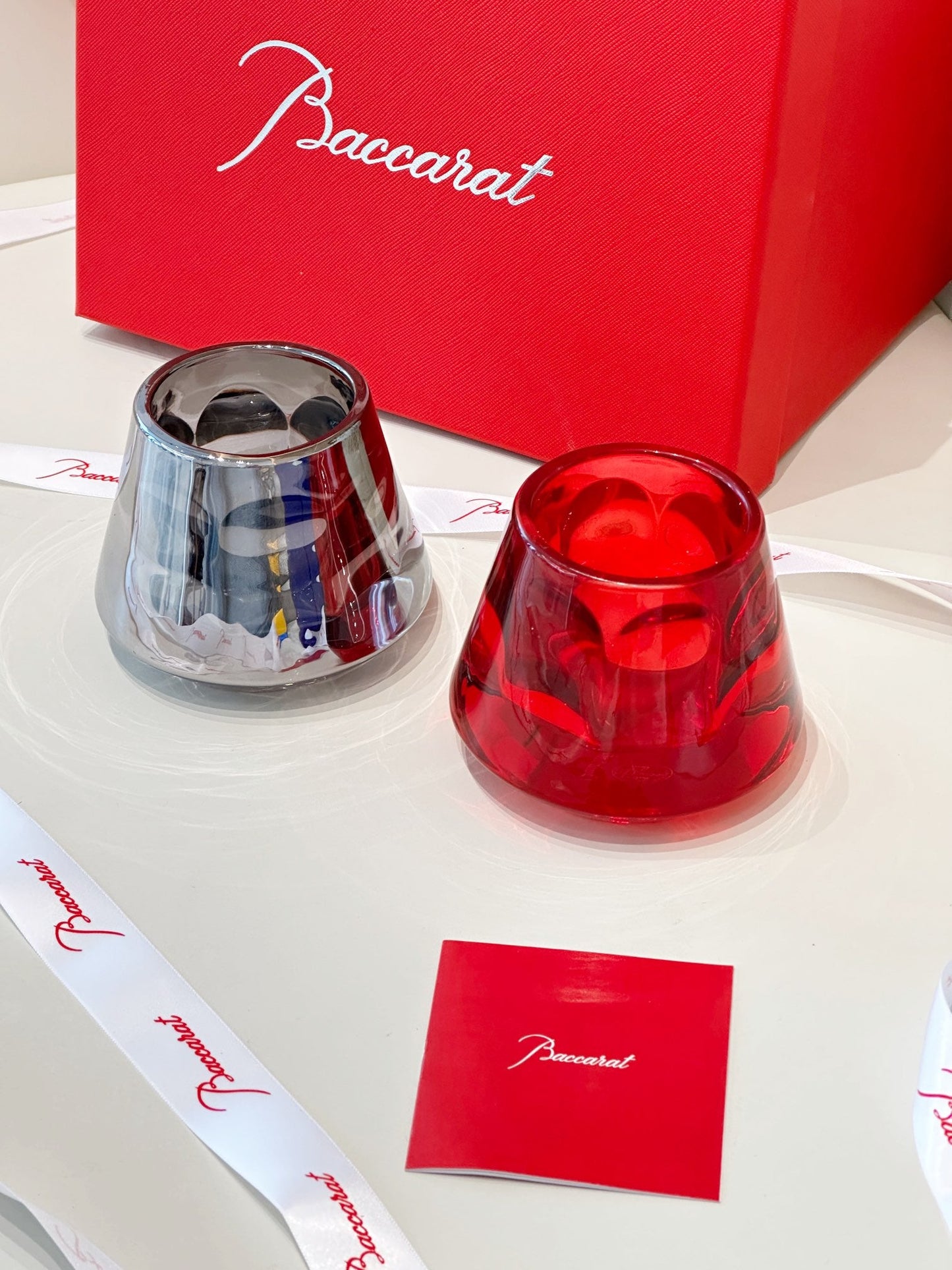 Baccarat Harcourt Flame of Passion Mini Candle Holder Set - Red & Silver Edition