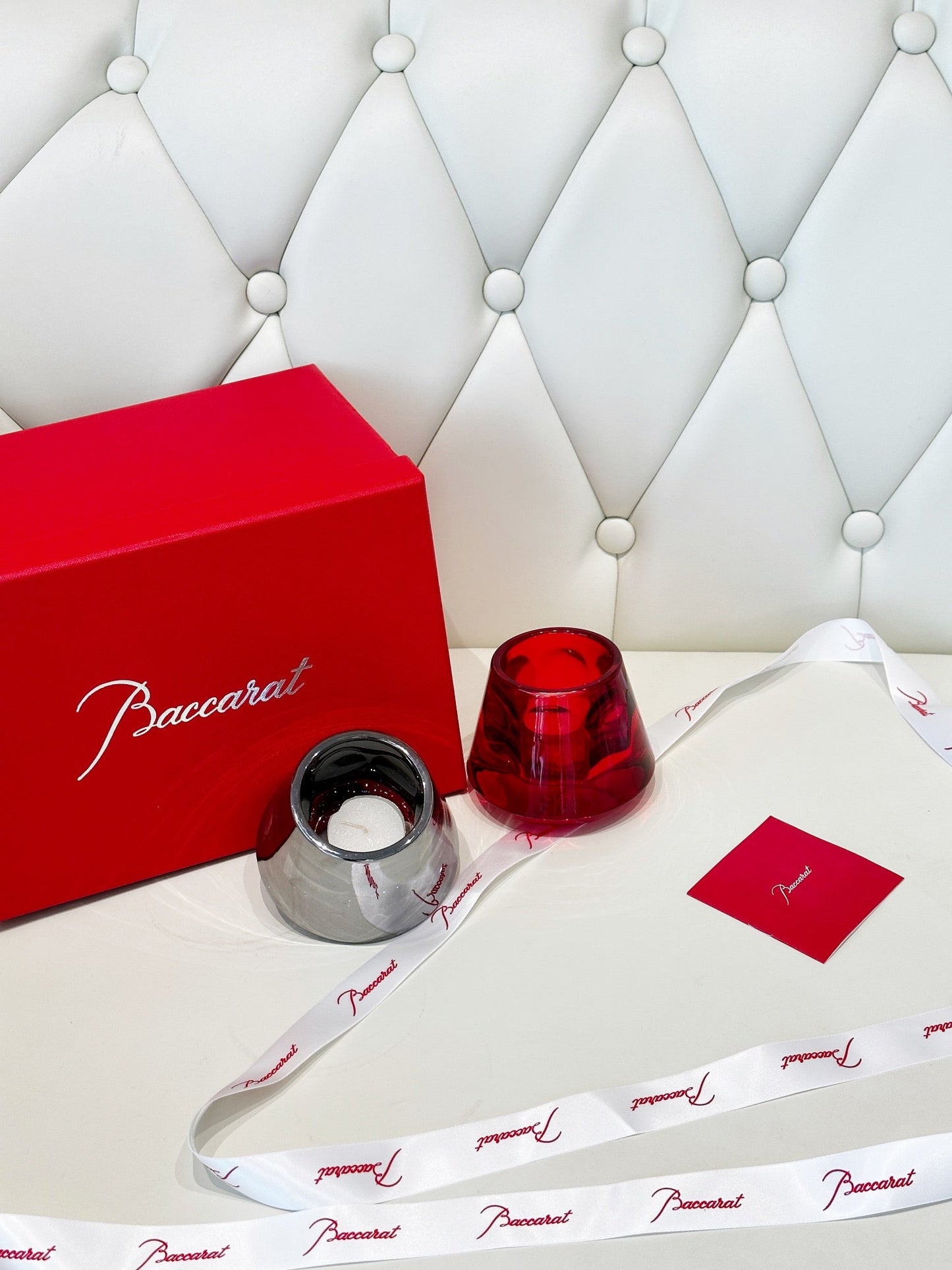 Baccarat Harcourt Flame of Passion Mini Candle Holder Set - Red & Silver Edition
