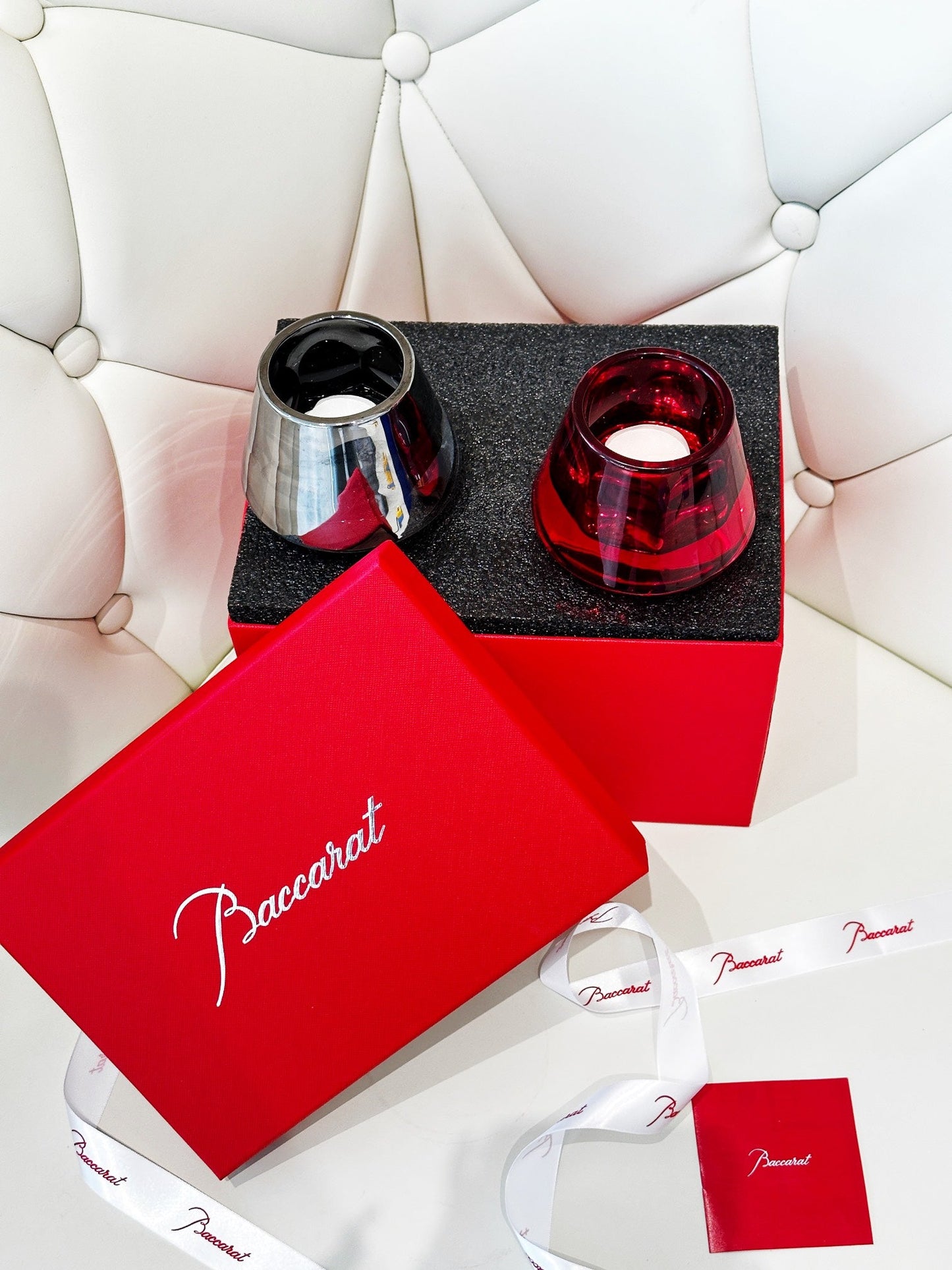 Baccarat Harcourt Flame of Passion Mini Candle Holder Set - Red & Silver Edition