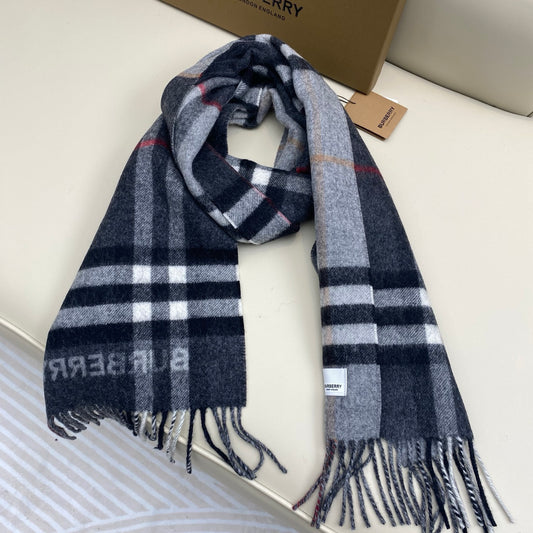 Burberry Classic Check 100% Cashmere Scarf – Unisex Grey & Charcoal Colorblock with Fringed Tassels