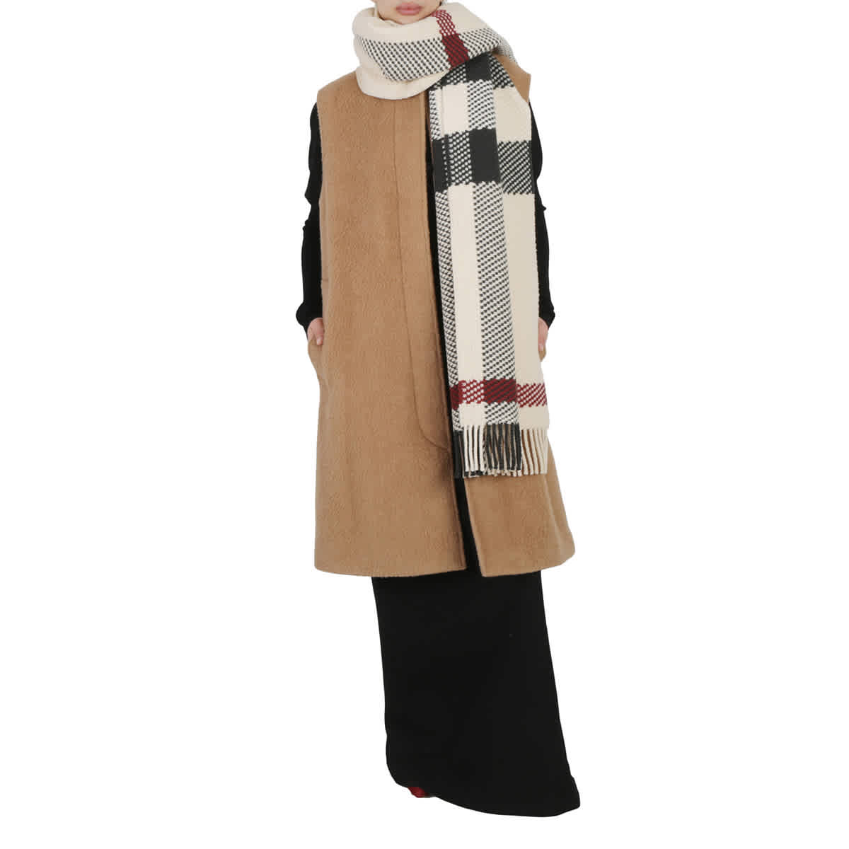 Burberry Stone Jumbo Check Wool Fringed Scarf