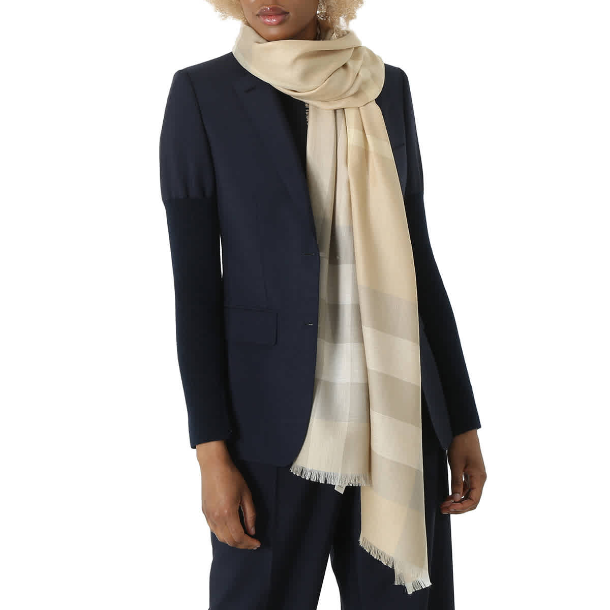 Burberry Half Mega Check Cashmere Silk Fringed Scarf