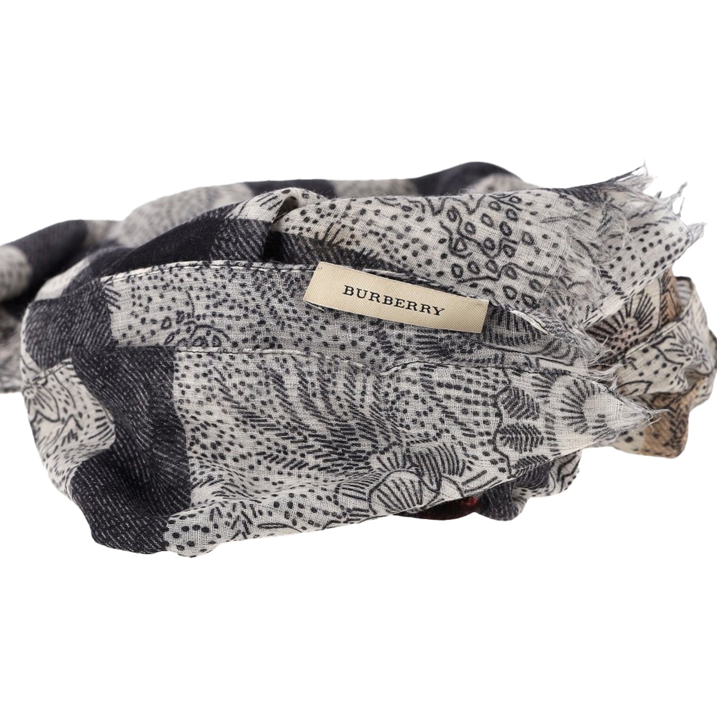 Burberry Printed Fringed Scarf in Black and White Silk