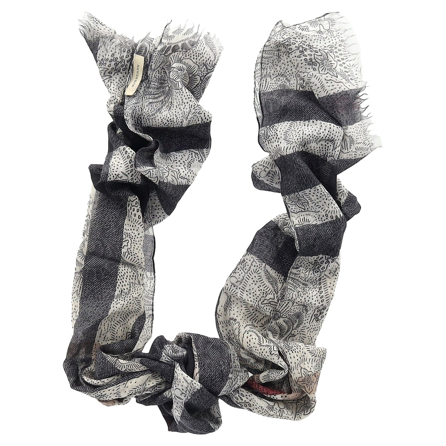 Burberry Printed Fringed Scarf in Black and White Silk