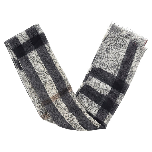 Burberry Printed Fringed Scarf in Black and White Silk